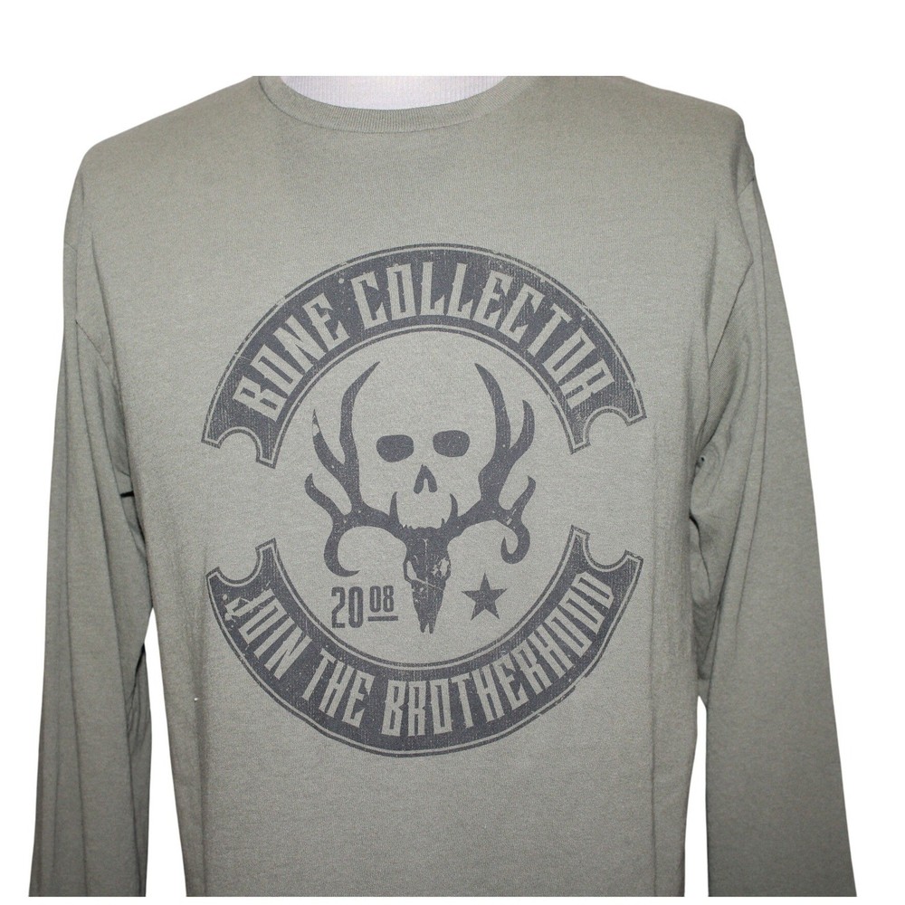 Bone Collector Long Sleeve Graphic T-Shirt | Olive Green | Skull Logo | Size L