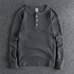 Retro Thread Cuff Knitted Waffle T-Shirt Men’s Long Sleeve Henry Collar Shirt