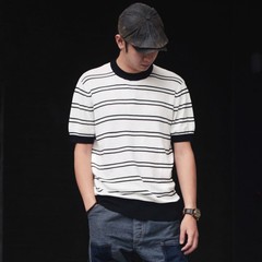Men’s Retro Knitted Tencel Contrasting Horizontal Stripe Short Sleeved T-Shirt