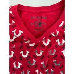 True Religion Mens Red Silver Metallic Horseshoe Logo All Over Print T-Shirt L