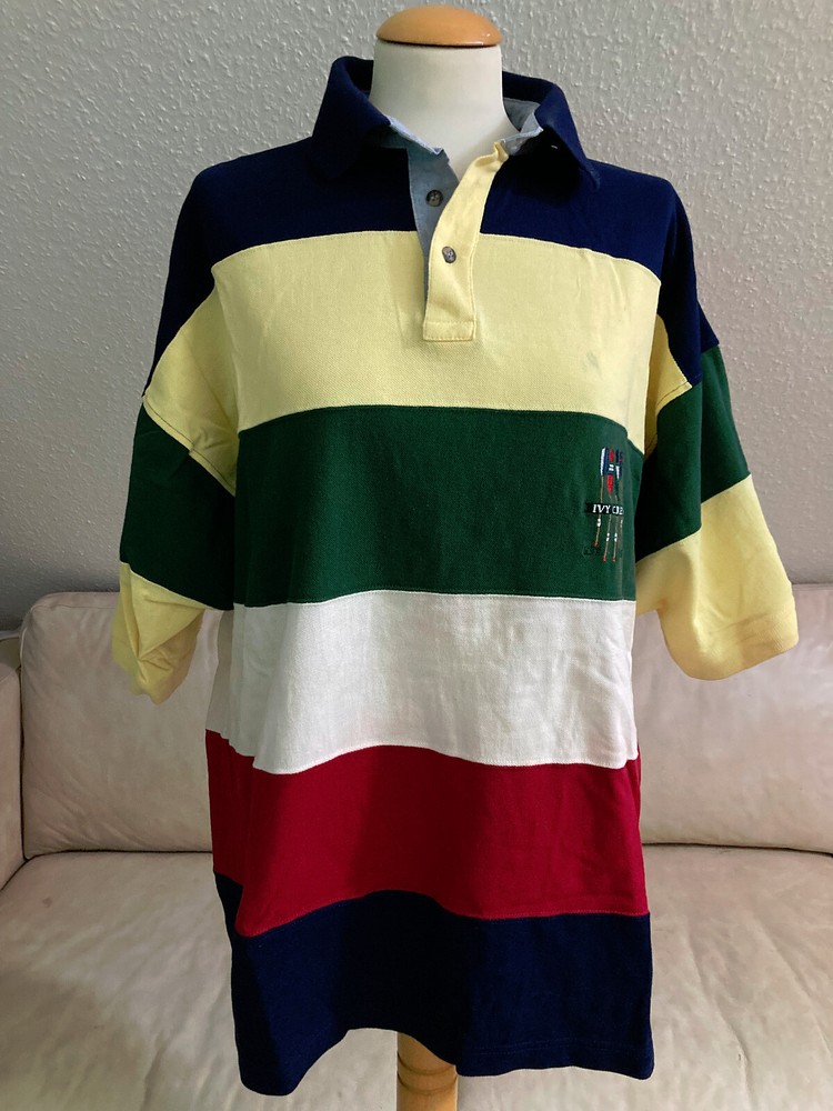 Ivy Crew Men’s Size L Blue Green Yellow White Short Collar Buttons Retro