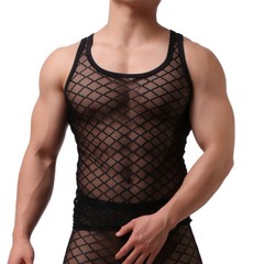 Fetish Mens Underwear Sheer Mesh Muscle T-Shirt Tank Tops Long Johns Trousers