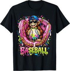 Monkey Funny Animals Baseball Ice Cream Drip Cool T-Shirt