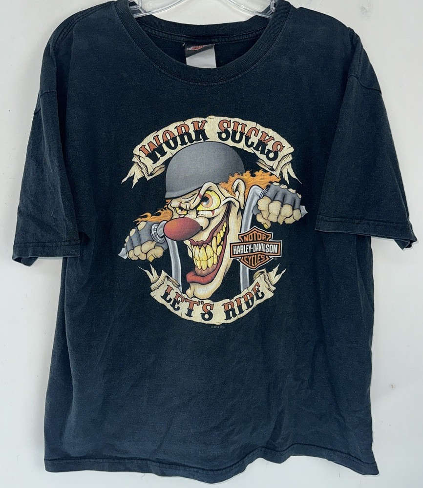 2012 Harley-Davidson Work Sucks Let’s Ride Clown Tee Denver Colorado Size Large