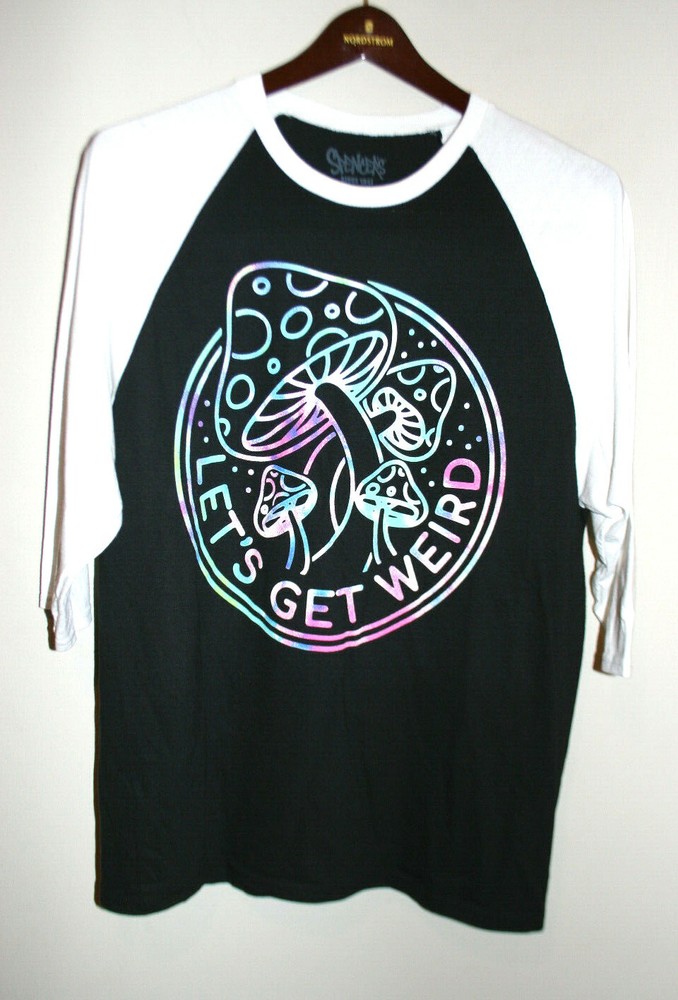 Mens Spencer’s Let’s Get Weird Mushroom Raglan T-Shirt Black White Multi Large L
