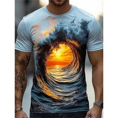 Men Summer 3D Wave Print T-Shirt Casual Short Sleeve Crew Neck Graphic Tee Shirt