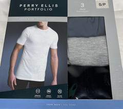 PERRY ELLIS Men’s Crew Neck Tees SZ Small 3-Pk Cotton Blend Stretch Grey Black
