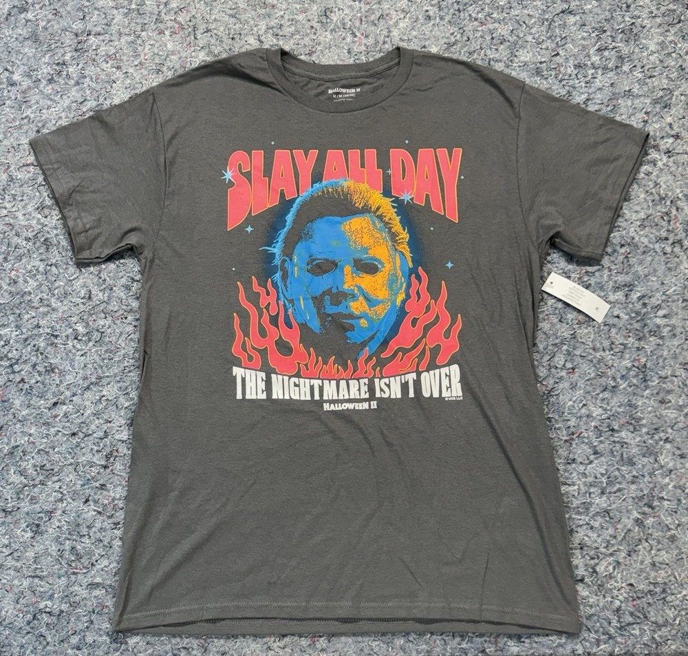 Halloween II Firey Mask Graphic T-Shirt Men’s Medium Charcoal Slay All Day New