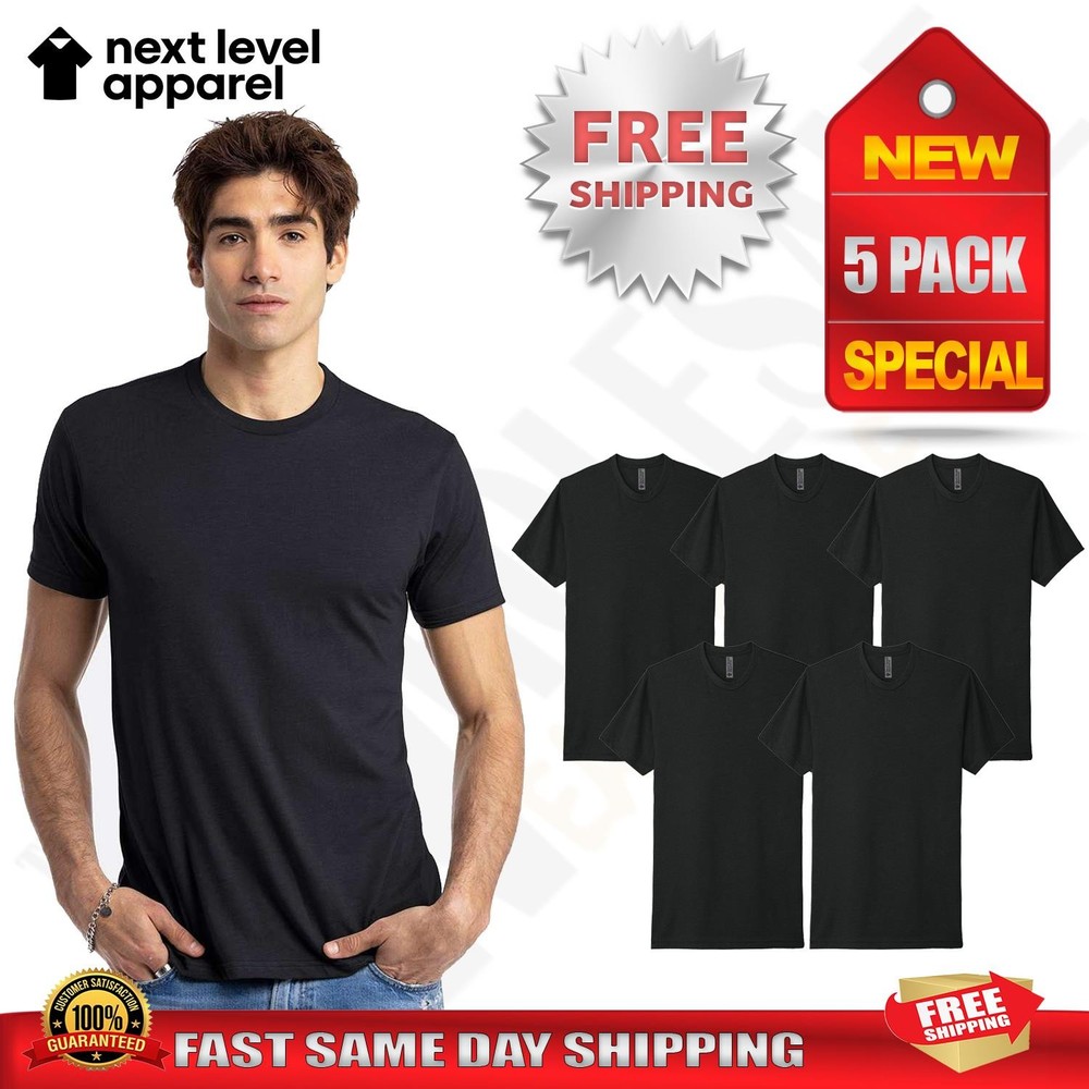 5 PACK OF NEXT LEVEL Plain Tshirt Mens Black T Shirt Blank T-Shirt N6210 XS-4XL