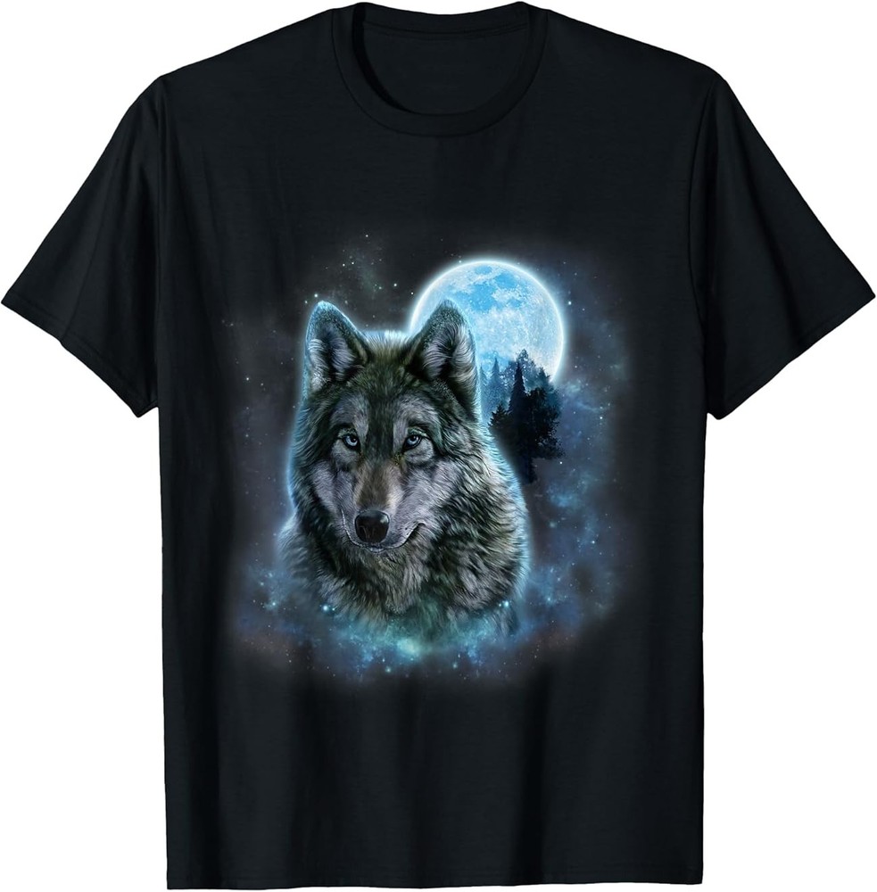 Grey Wolf Hunting Ground, ICY Moon, Forest, Galaxy T-Shirt Gift Size S-4XL