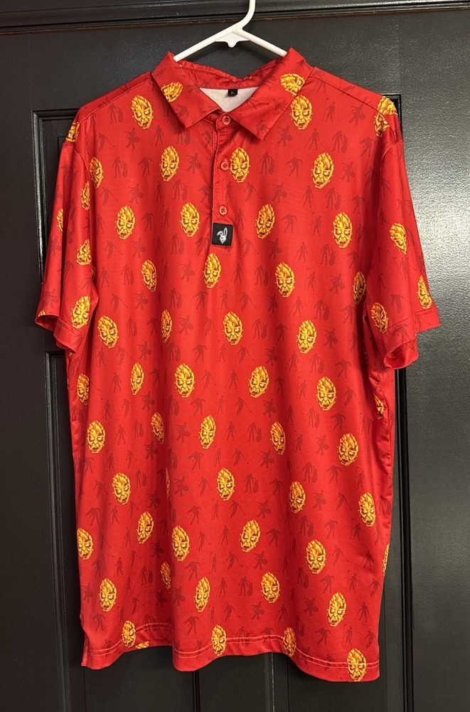 Men’s Graphic Polo Shirt – Hop Monster Design | Silky Soft Feel | Red | Size L