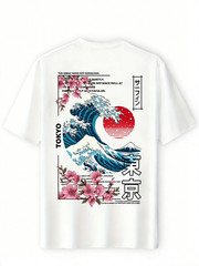 Tokyo Great Wave Off Kanagawa T-Shirt Japanese Art Sakura Graphic Tee，Back Print