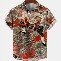 Mens Button Down Japanese Dragon Samurai Hawaiian Novelty Holiday Summer Shirt