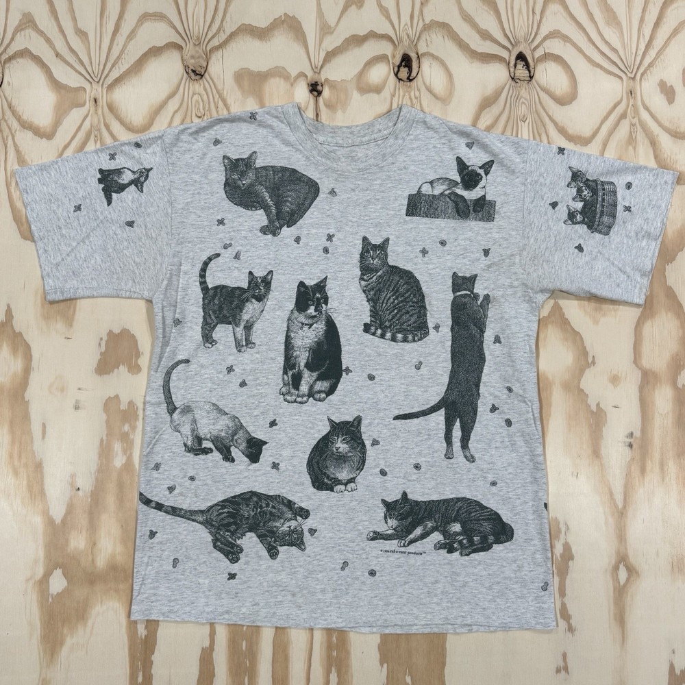 Vintage 90s Cats AOP Double Sided Graphic T-Shirt Fits XL Single Stitch Kitty