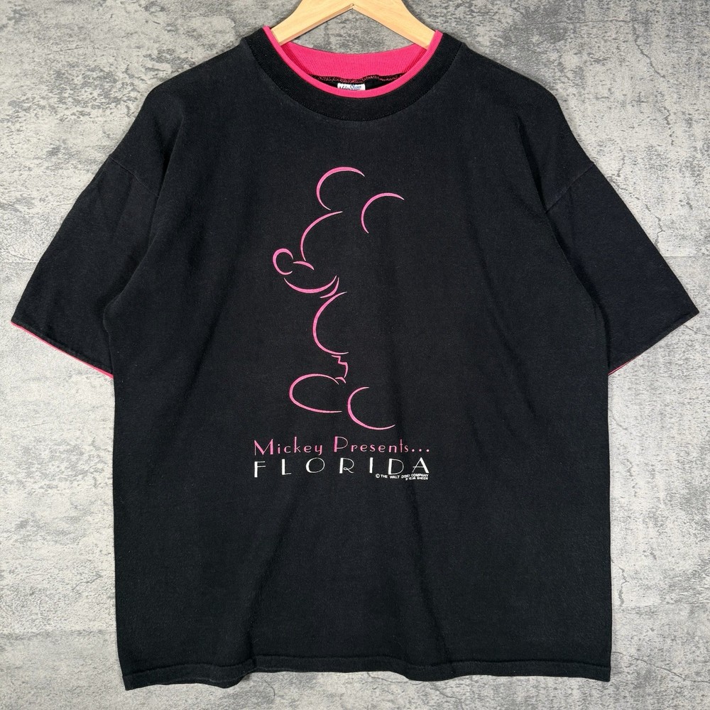 Vintage 90s Mickey Mouse Florida Contrast Collar Double Sleeve Faded T Shirt