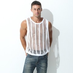 Mens Sexy Stripe Fishnet Tank Top See Through Mesh Sleeveless Tank Shirt Holl…