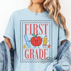 Vintage First Grade Shirt Cute Apple Pencil Postage Stamp Back To School Tee
