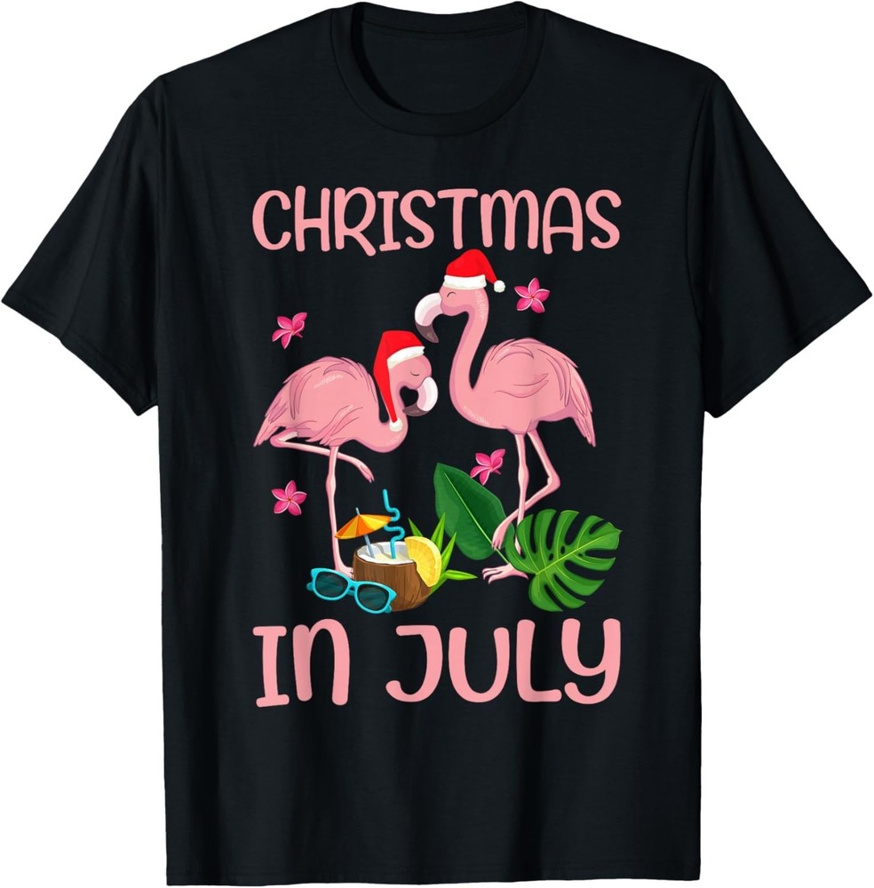 Christmas in July Pink Flamingo with Santa Hat T-Shirt