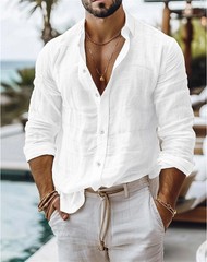 Men’s Linen Shirt Casual Shirts Long Sleeve Button Down Tops Blouse