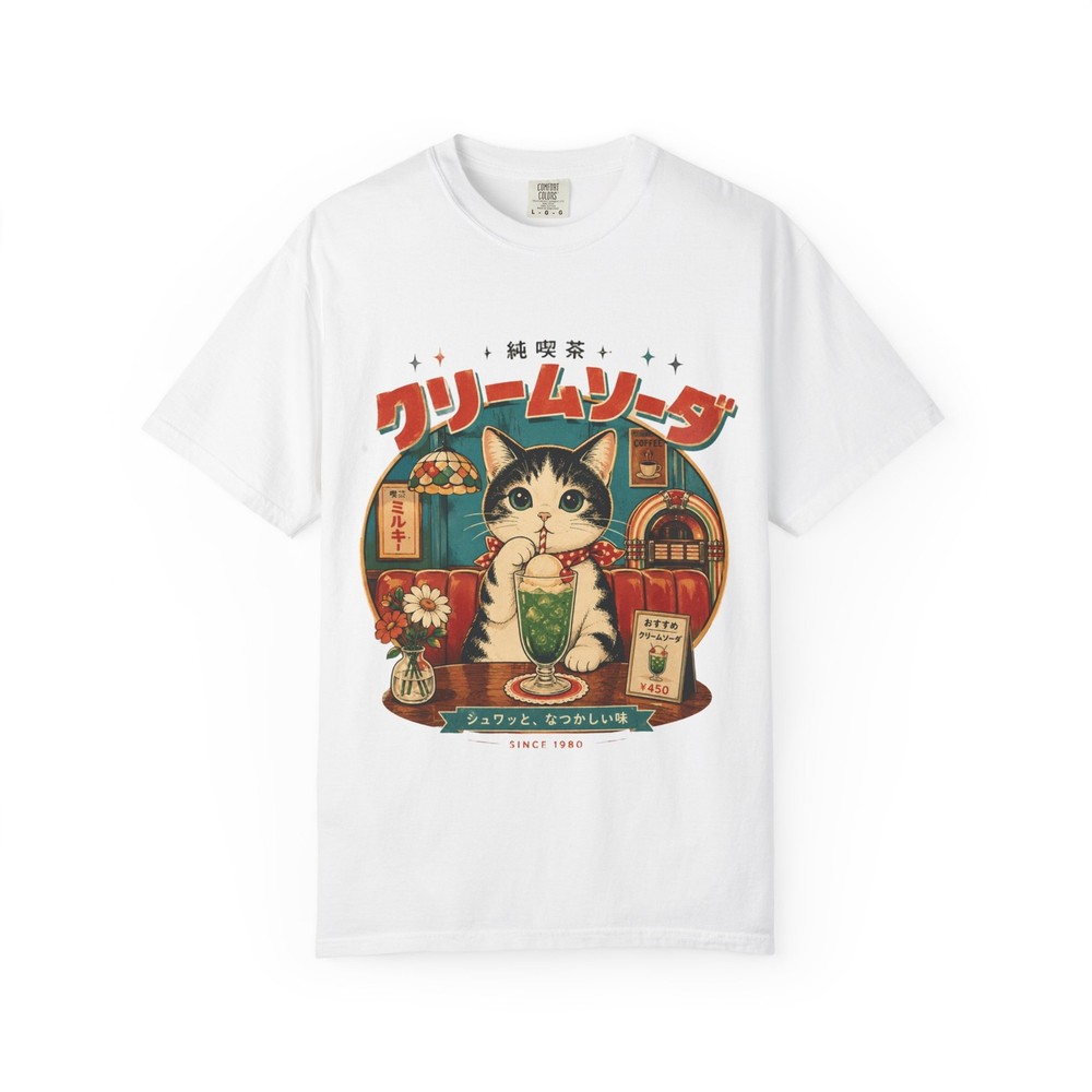 Retro Japanese Cat Cream Soda T-Shirt | Kawaii Cafe Graphic