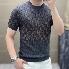 Men’s Premium Jacquard Knit Short Sleeve Sweater Hip Hop Fashion T-Shirt
