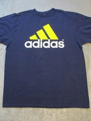 Vintage Adidas Shirt Mens XL Blue Yellow Triangle Logo Three Stipe Spell Out