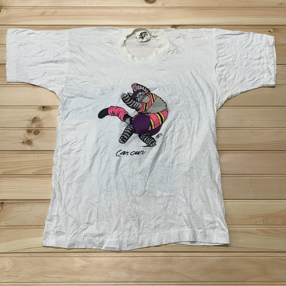 Vintage 80s Yoga Cat MIRO Cancun Workout Gym Shirt Size Medium