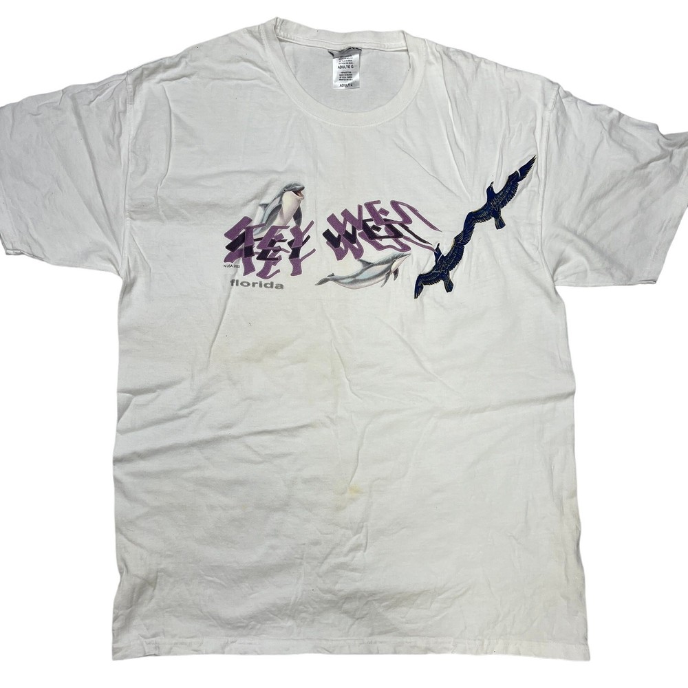 Vintage Key West T-Shirt Dolphin Birds Graphic Size L White Cotton Y2K Beach