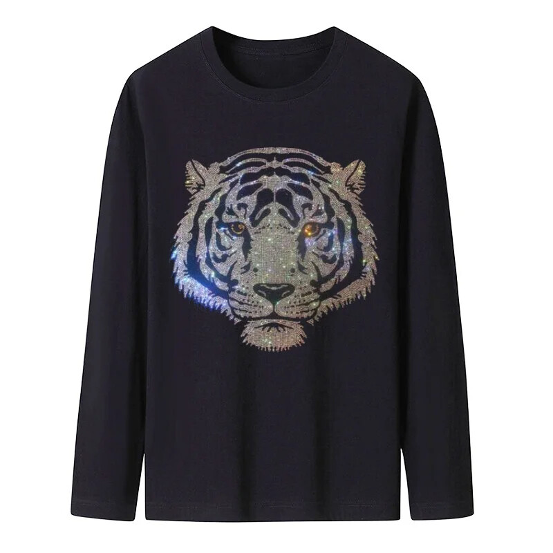 Fashion Tiger Rhinestones Diamond Long Sleeve Luxury Men Trend Black T-Shirt