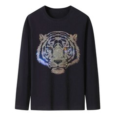 Fashion Tiger Rhinestones Diamond Long Sleeve Luxury Men Trend Black T-Shirt