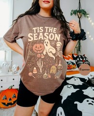 Vintage Halloween Skeleton Pumpkin Shirt Tis The Season Retro Unisex Fall Tee