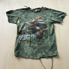 Y2K Distressed Moose Nature Wildlife Shirt Mens Medium Green Outdoor Tee T-Shirt