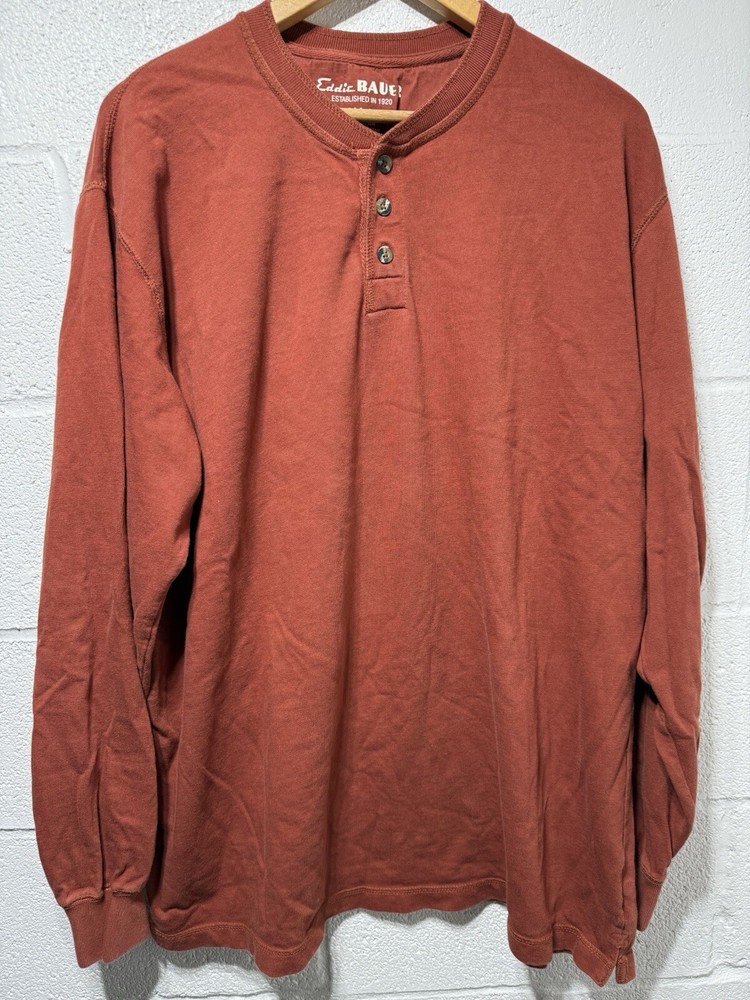 Eddie Bauer Shirt Mens XL Tall Long Sleeve Henley Crew Neck Buttons Rust Color