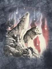 THE MOUNTAIN ALL OVER PRINT HOWLING WOLF WOLVES USA FLAG T-SHIRT SZ L EUC