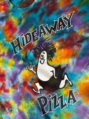 HIDEAWAY PIZZA Tiedye T SHIRT L Large Colorful Rainbow Peace Love Ranch Cotton