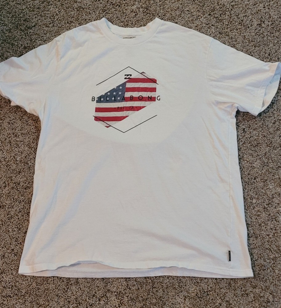 Billabong Size 2XXL Tshirt, White W/American Flag Design
