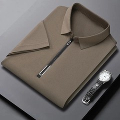 New Men’s Business Casual Zipper Short Sleeve Solid Color Polo Shirt Fashionable
