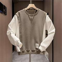 Men Spliced Contrast Color Fake Two Piece Round Neck Sweatshirt for Daily