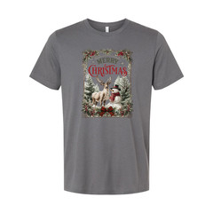 Merry Christmas Graphic Unisex T Shirt With Deer Snowman In Winter Forest Scene