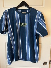 GUESS Originals Men’s Blue Striped Embroidered Logo Crew Neck T-Shirt Size M
