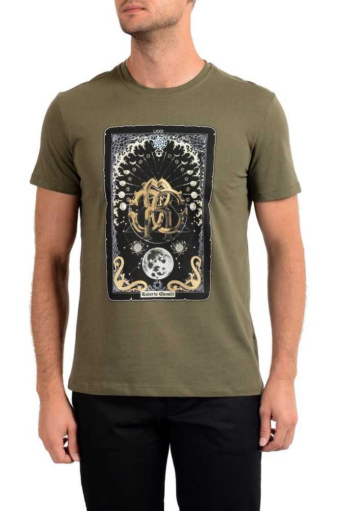 Roberto Cavalli Men’s Olive Green Graphic Print Crewneck T-Shirt US M IT 50