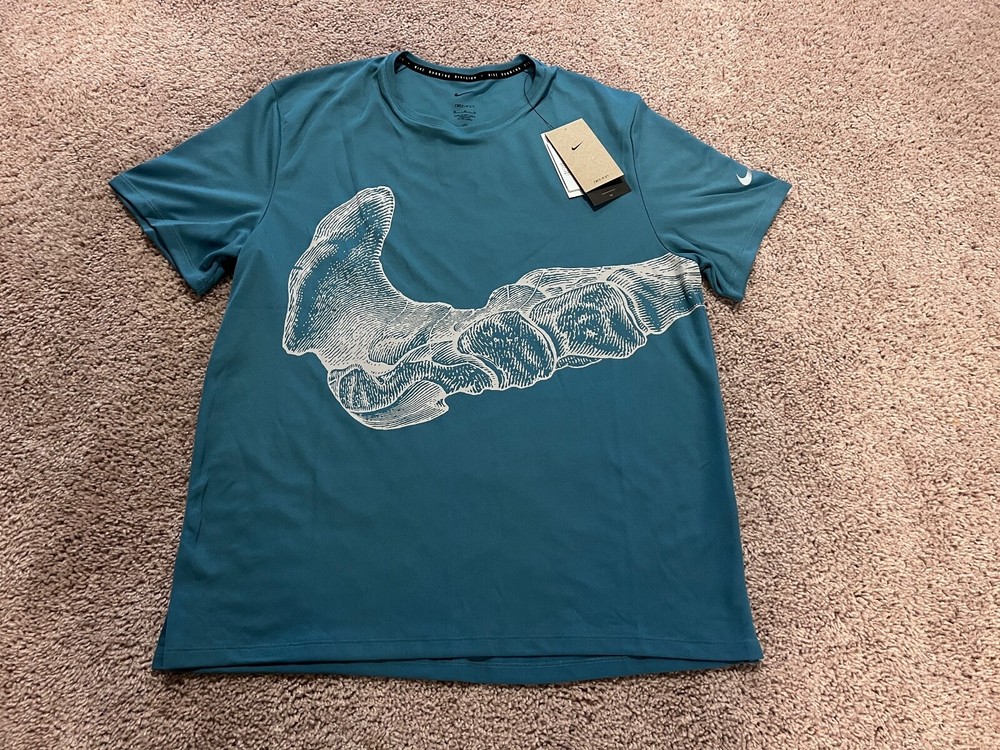 Nike Air Dri Fit Blue run running NY LA marathon skeleton bone swoosh t shirt M