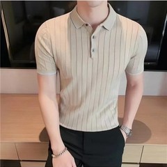 Plain Striped Black Male Polo Shirts Skinny Short Quarter Sleeve Casual Party Ch