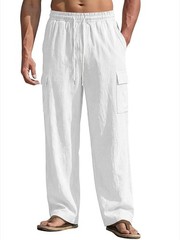 Mens Linen Cargo Pants Pockets Lightweight Elastic Waist Drawstring Baggy