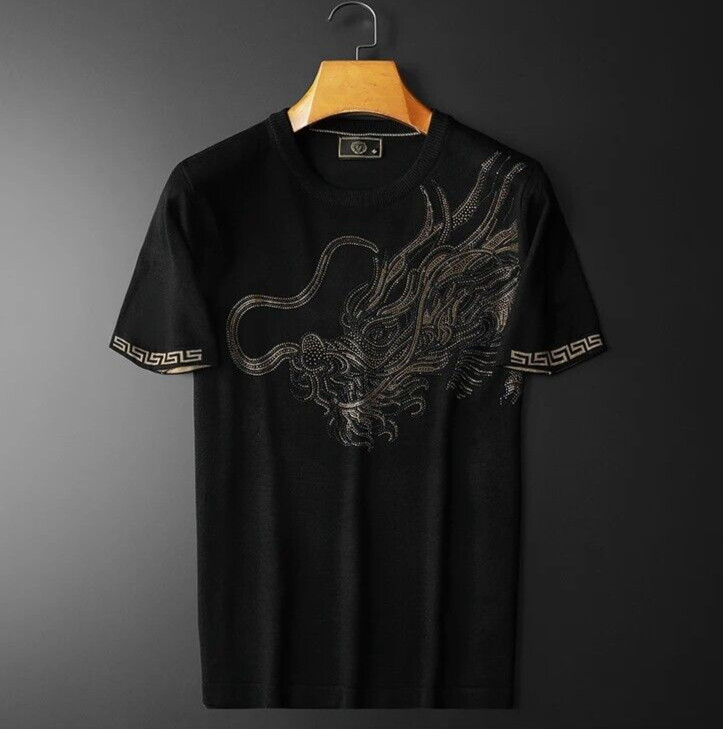 New Men Luxury Diamond Dragon Rhinestones Fashion Knitted T-Shirt