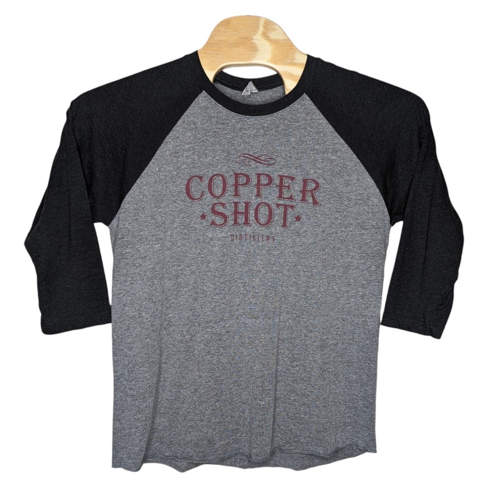 Copper Shot Distillery T Shirt Size Large Bastrop Texas 3/4 Raglan Ringer