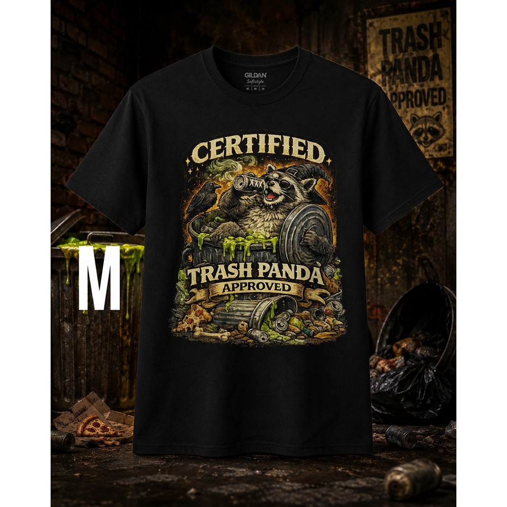 Certified Trash Panda Approved Raccoon Graphic T-Shirt Funny Adult Medium Black