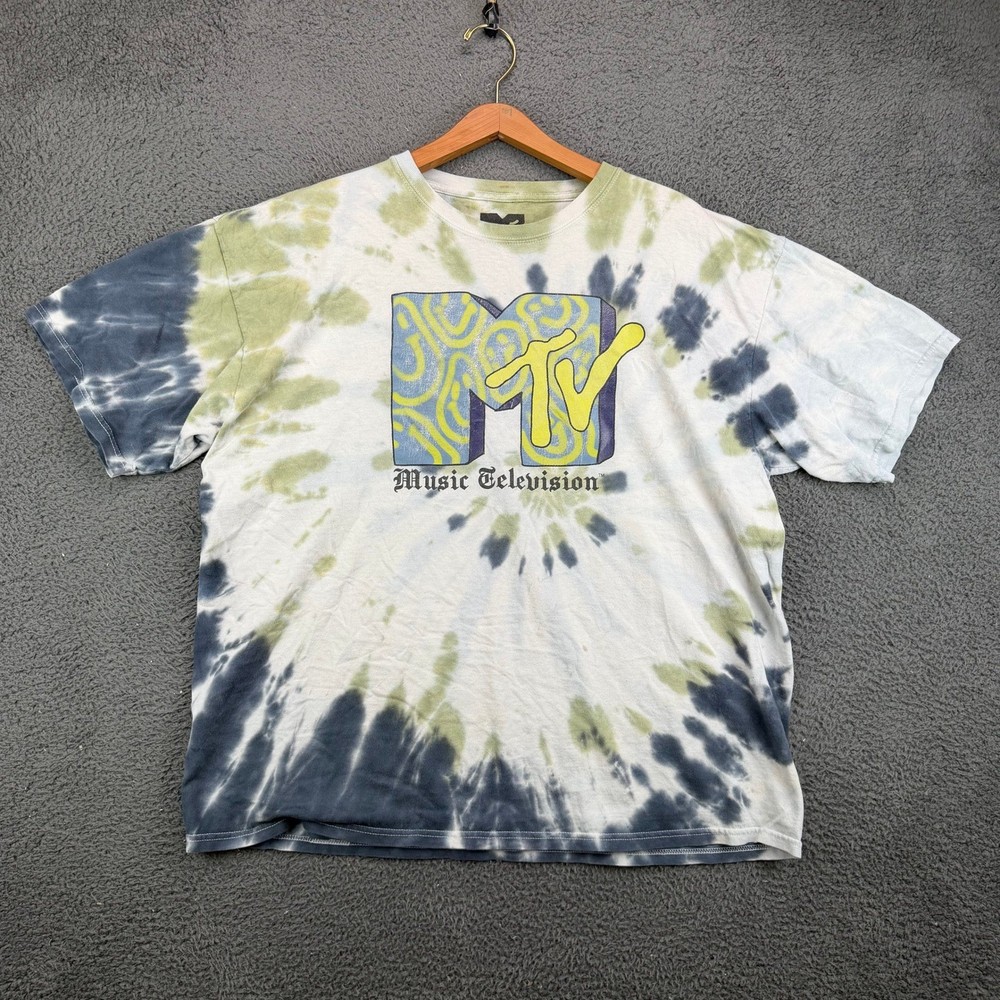 MTV Music Television Tie Dye Graphic T-Shirt Mens Large Green Blue White 2022