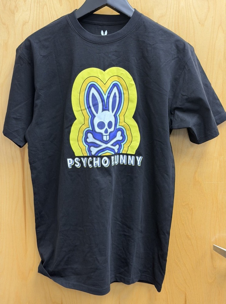 Psycho Bunny Black Tee w/Yellow, White, & Purple Logo Skull Bunny T-Shirt large