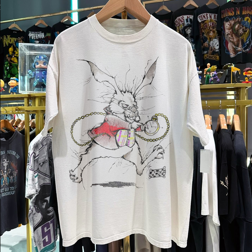90’s ‘Im Late’ Rabbit Washed T-Shirt White L